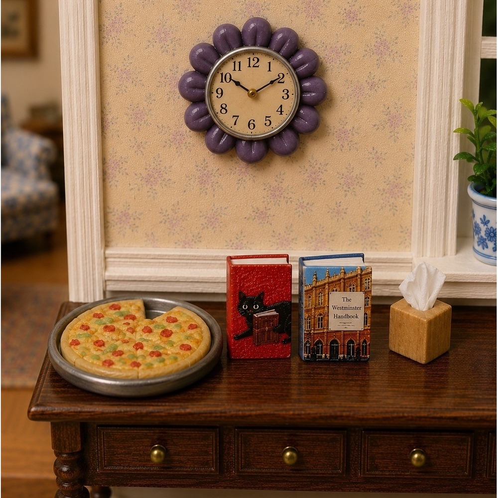 Vintage 1:24 Dollhouse Micro Miniature Artisan Pizza Books Clock Tissue Box 4pc